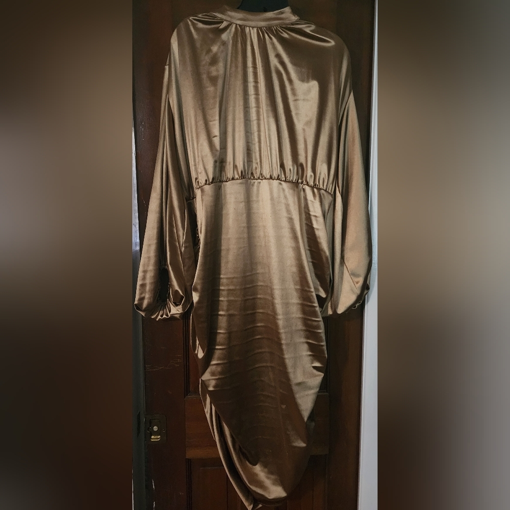 Curvy girl by Ashley Stewart Gold dress with Bishop sleeve and Side ruching.